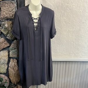 Elegant Lace-Up Rag Poets Mini Dress in Charcoal Gray